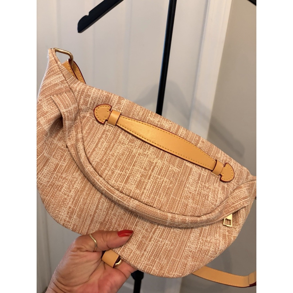 Boho Chic Woven Crescent Belt Bag Terracotta Peach & Tan Leather Fanny Pack EUC